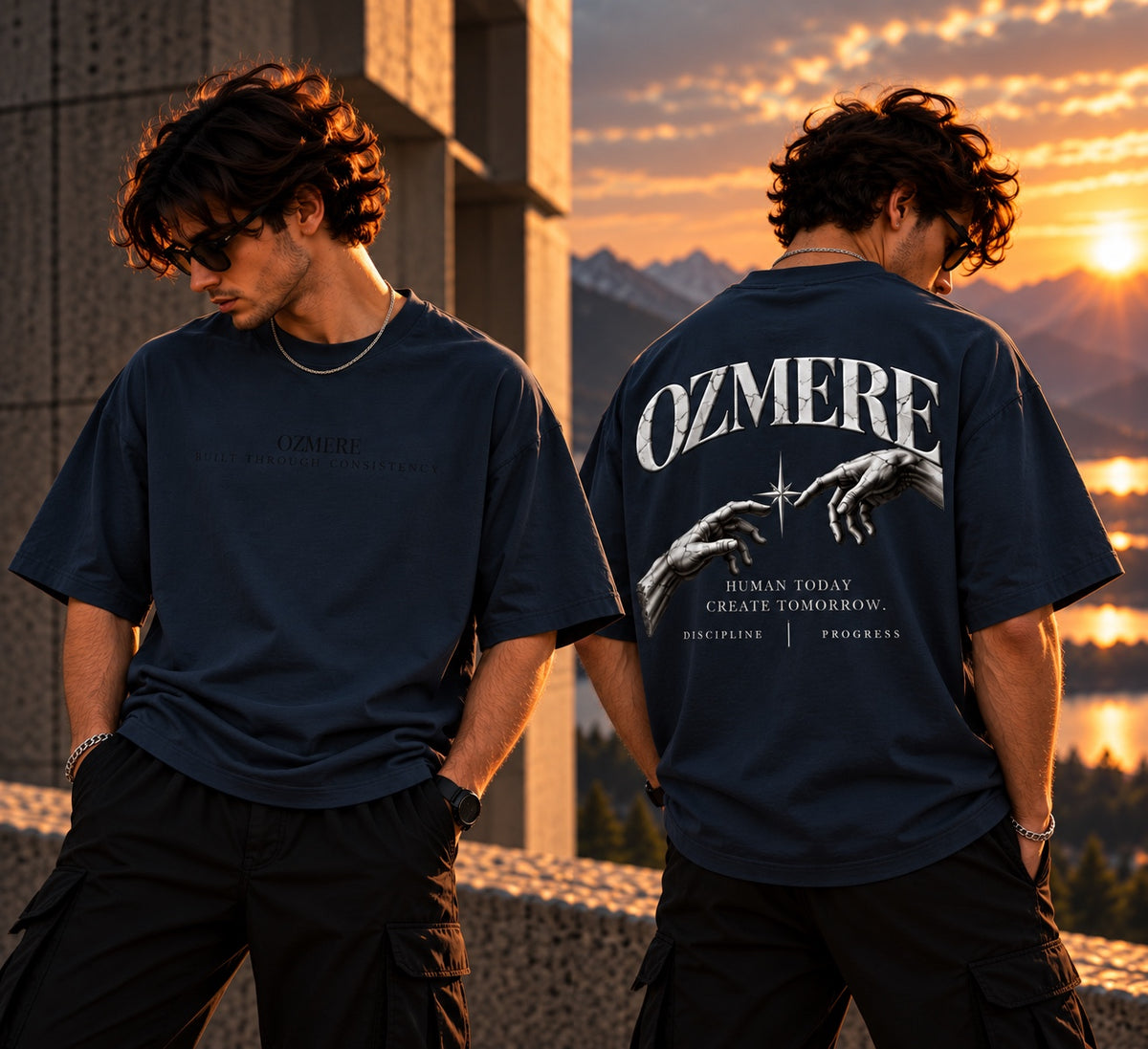 OZMERE Human Tomorrow — Graphic Tee — Navy Blue — Angled View