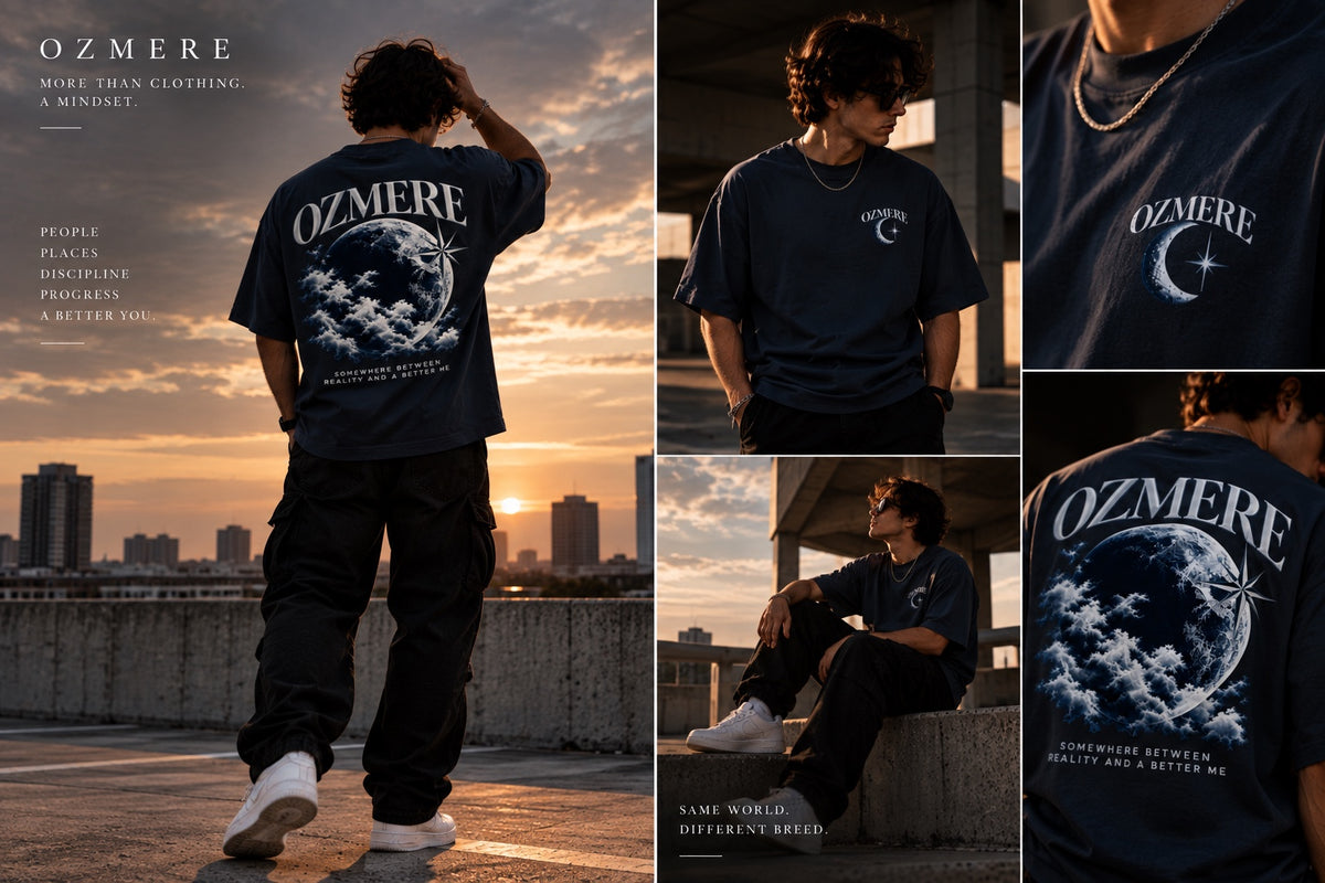 OZMERE Core — Graphic Tee — Navy Blue — Lifestyle View