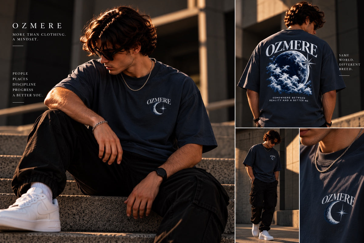 OZMERE Core — Graphic Tee — Navy Blue — Angled View