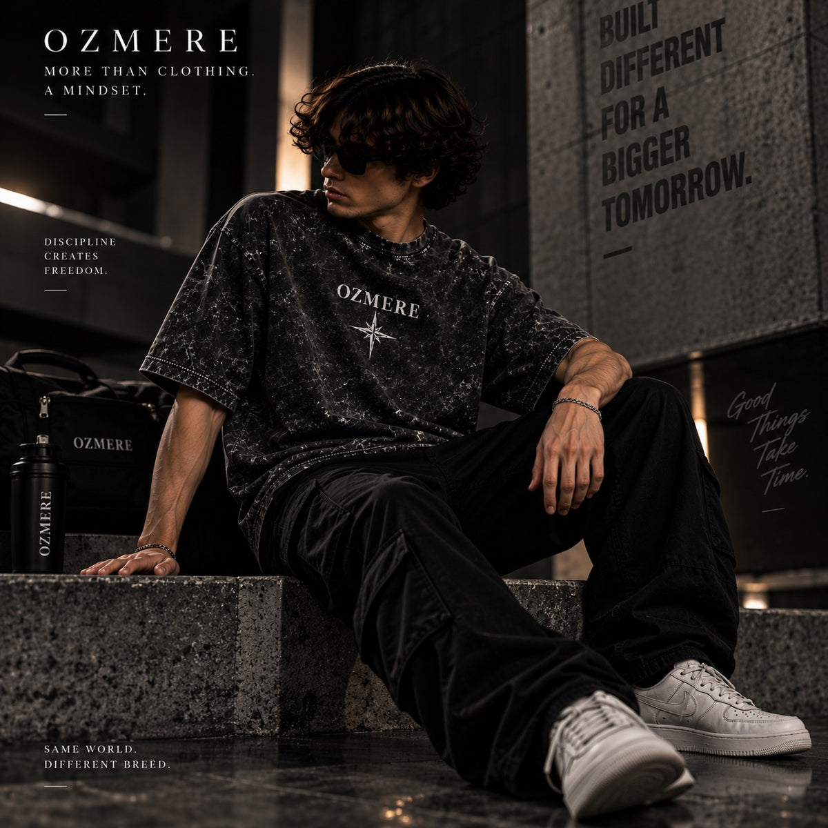 OZMERE Built Different Acid Wash — Black — Lifestyle Shot
