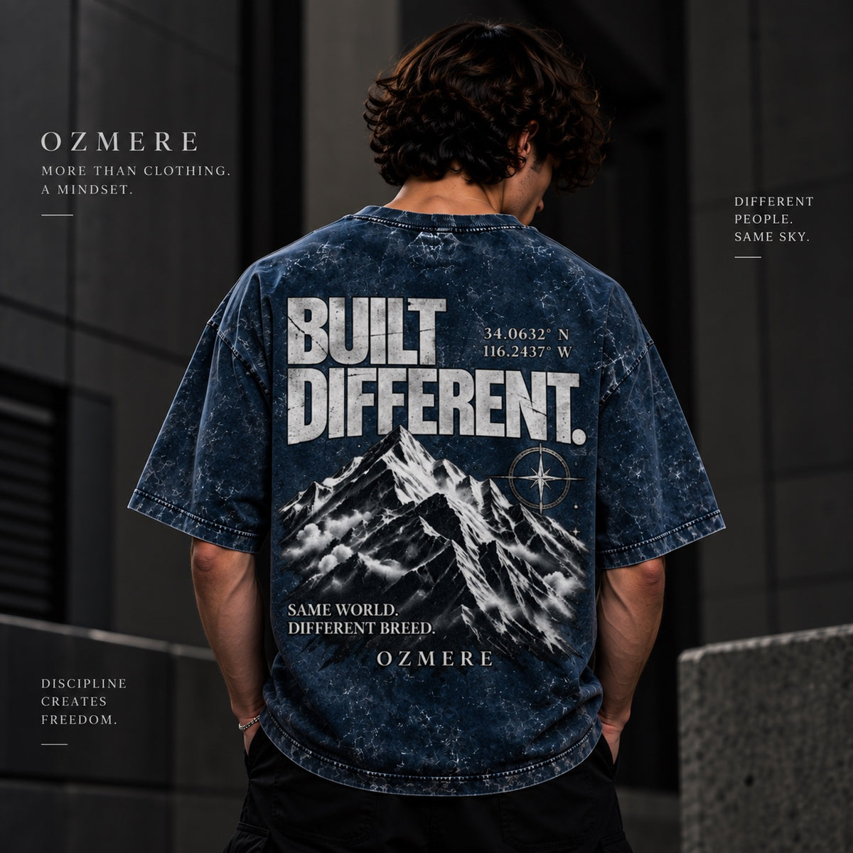 OZMERE Built Different Acid Wash — Blue — Back View
