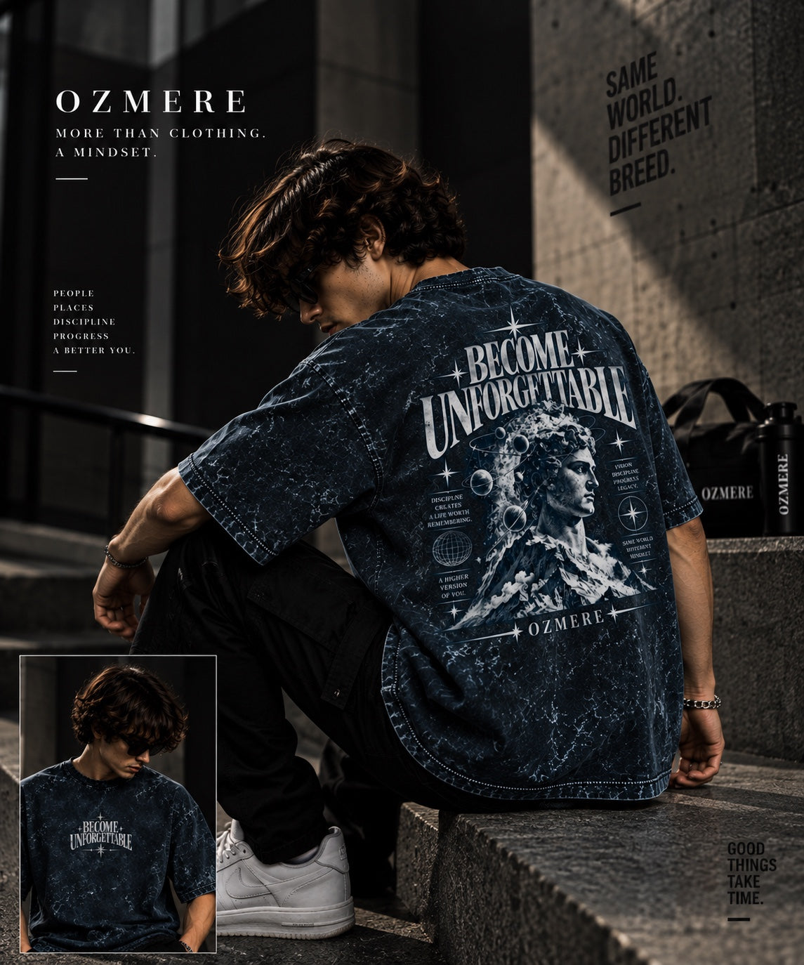 OZMERE Become Unforgettable Acid Wash — Navy Blue — Lifestyle View
