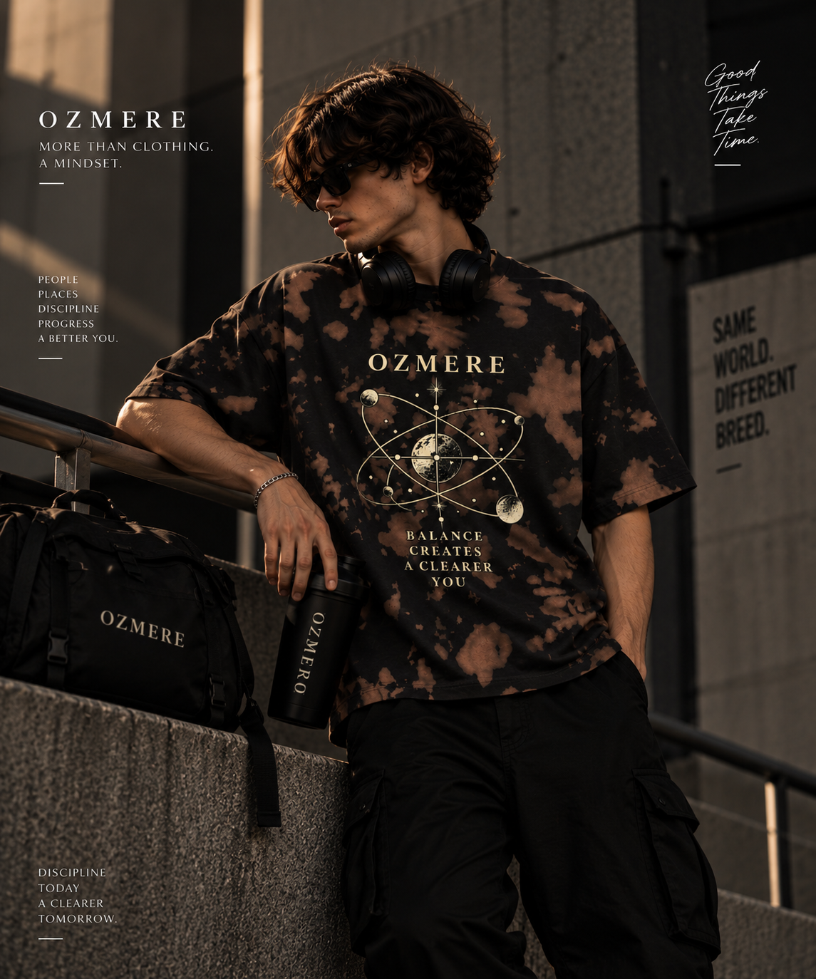 OZMERE Momentum Tie Dye Tee — Brown Black — Lifestyle Model View