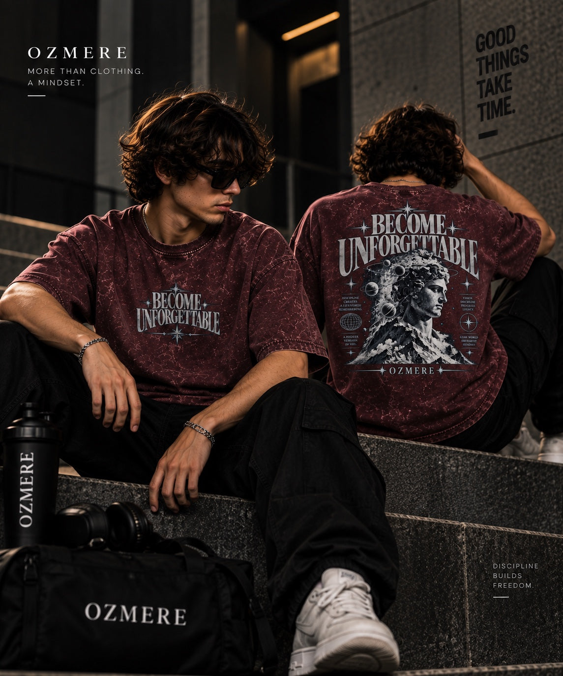 OZMERE Become Unforgettable Acid Wash — Maroon — Front and Back Lifestyle View