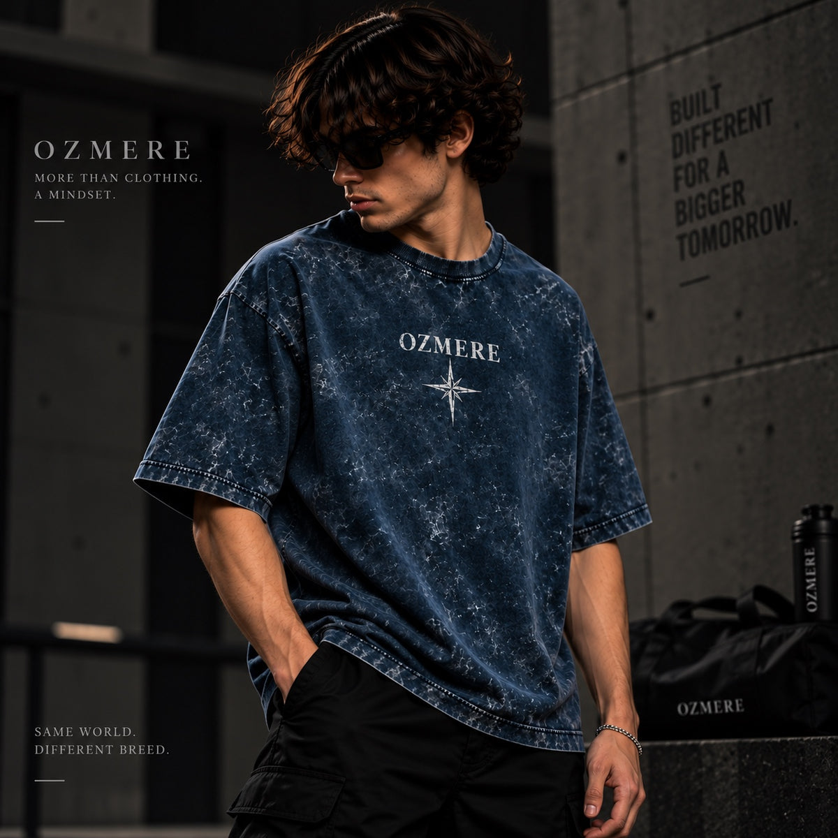 OZMERE Built Different Acid Wash — Blue — Angled View