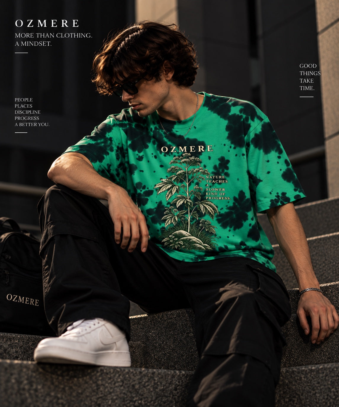 OZMERE Nature Teaches — Tie Dye Tee — Angled View