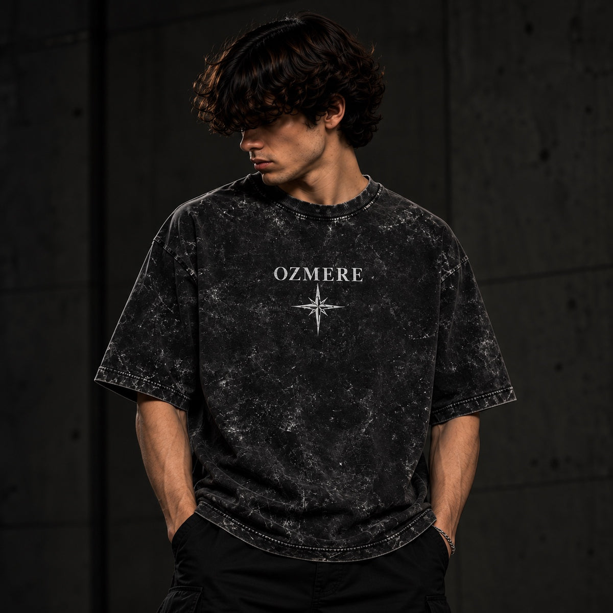 OZMERE Built Different Acid Wash — Black — Front View