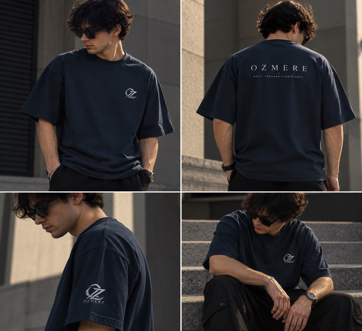 OZMERE Essential Tee — Dark Core — Navy Blue — Front, Back, Sleeve Detail and Lifestyle Views