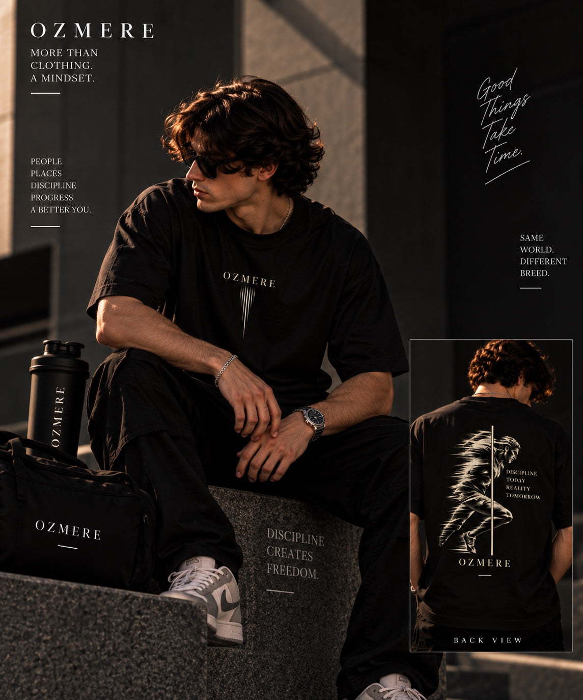 OZMERE Momentum — Terry Tee — Black — Lifestyle View