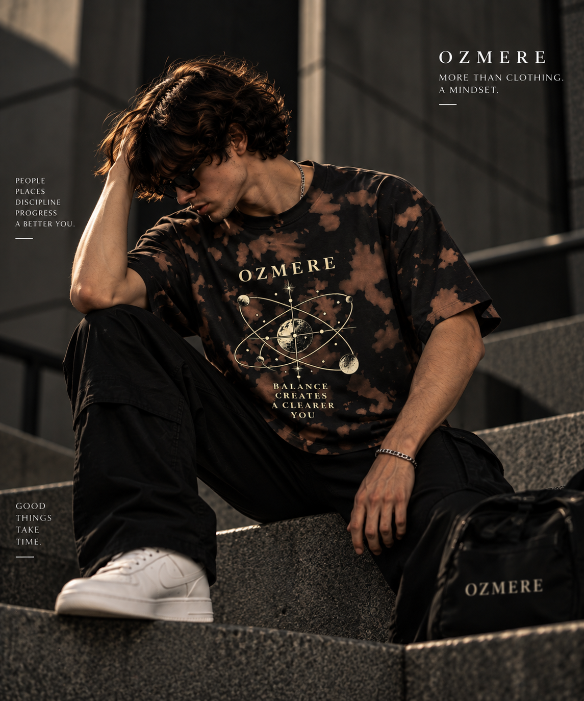 OZMERE Momentum Tie Dye Tee — Brown Black — Angled Model View