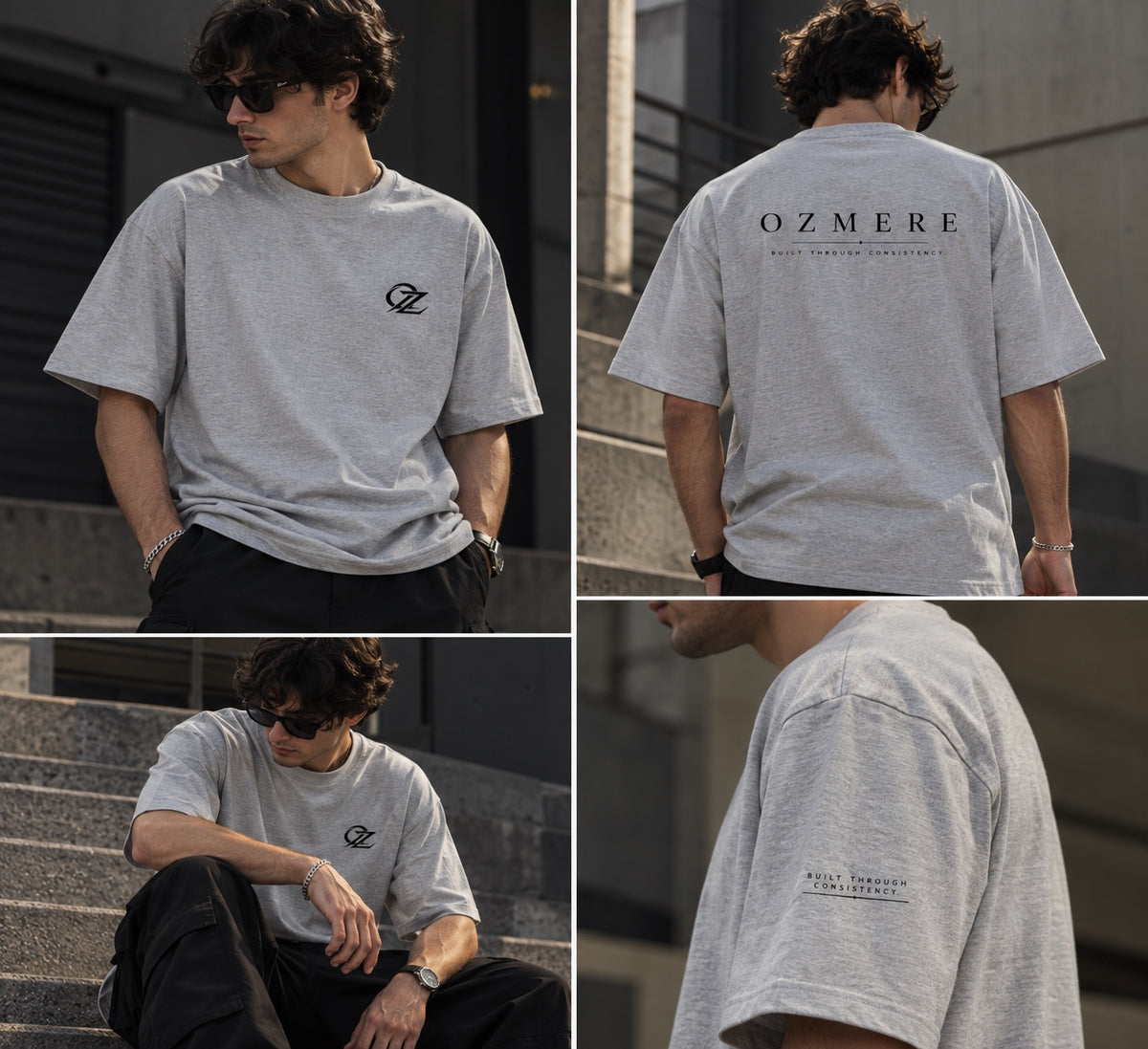 OZMERE Essential Tee — Light Core — Grey — Front, Back, Angled and Sleeve Detail Views