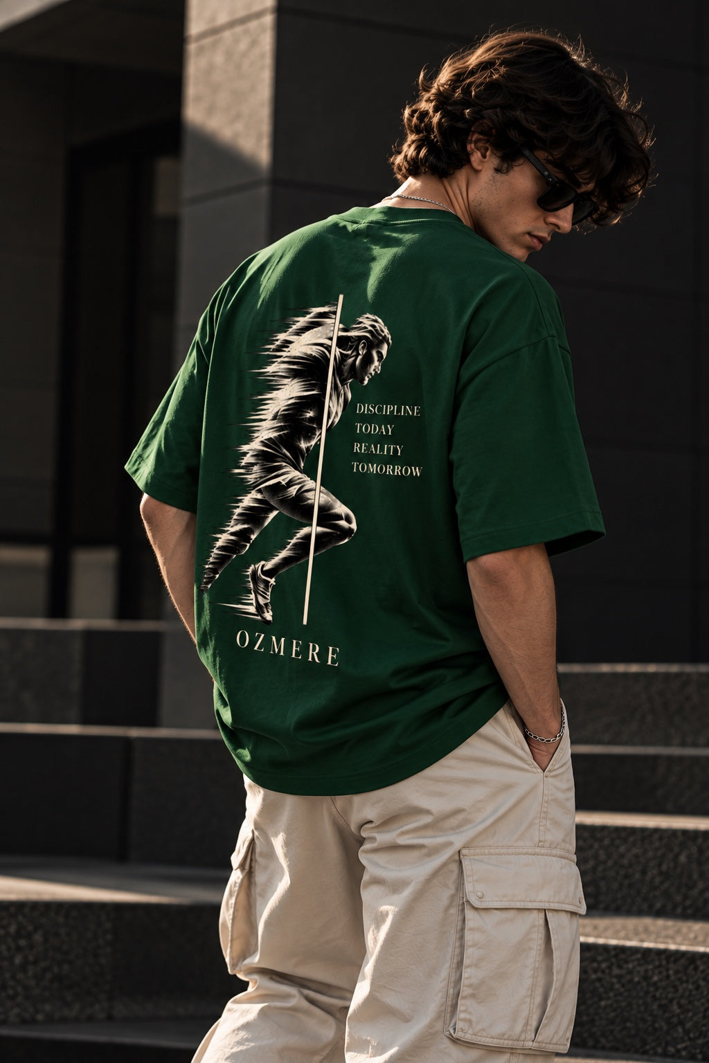 OZMERE Momentum — Terry Tee — Bottle Green — Angled View