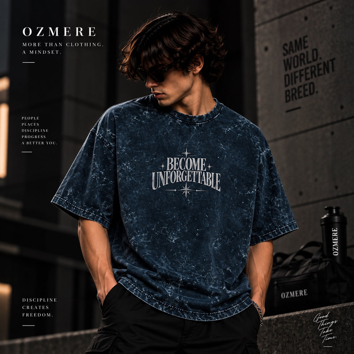 OZMERE Become Unforgettable Acid Wash — Navy Blue — Front View