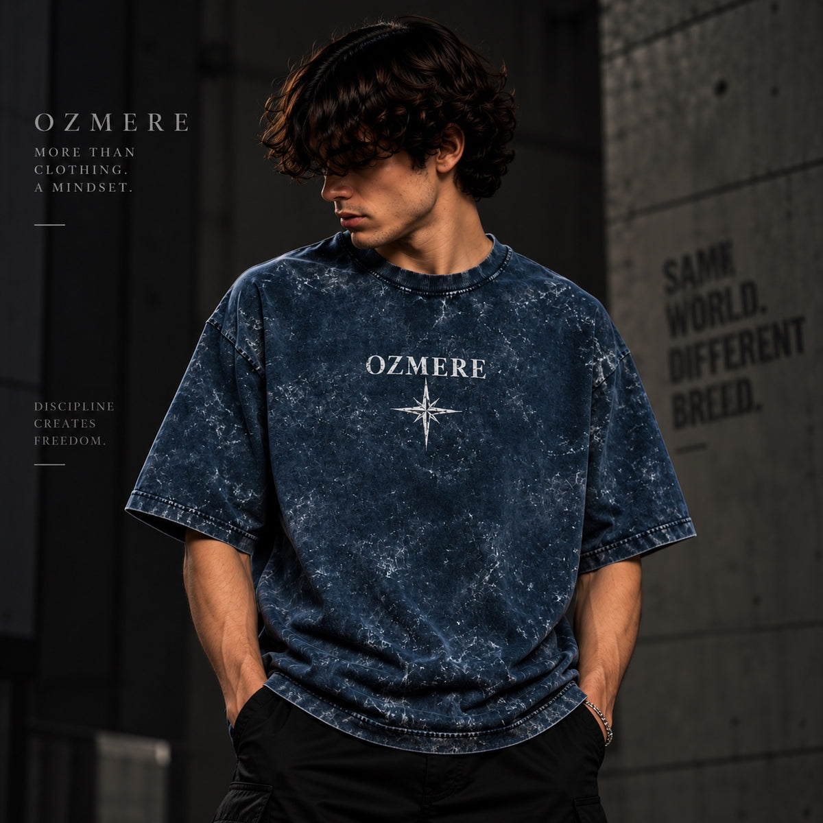 OZMERE Built Different Acid Wash — Blue — Front View