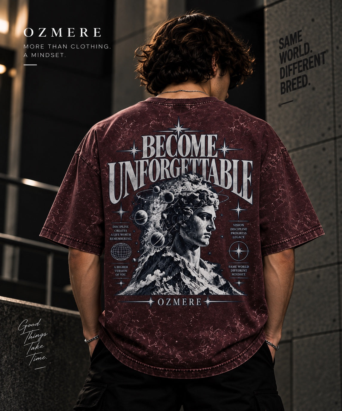 OZMERE Become Unforgettable Acid Wash — Maroon — Back View
