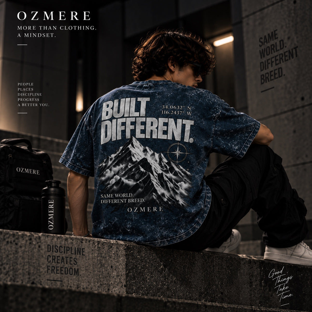 OZMERE Built Different Acid Wash — Blue — Lifestyle Shot