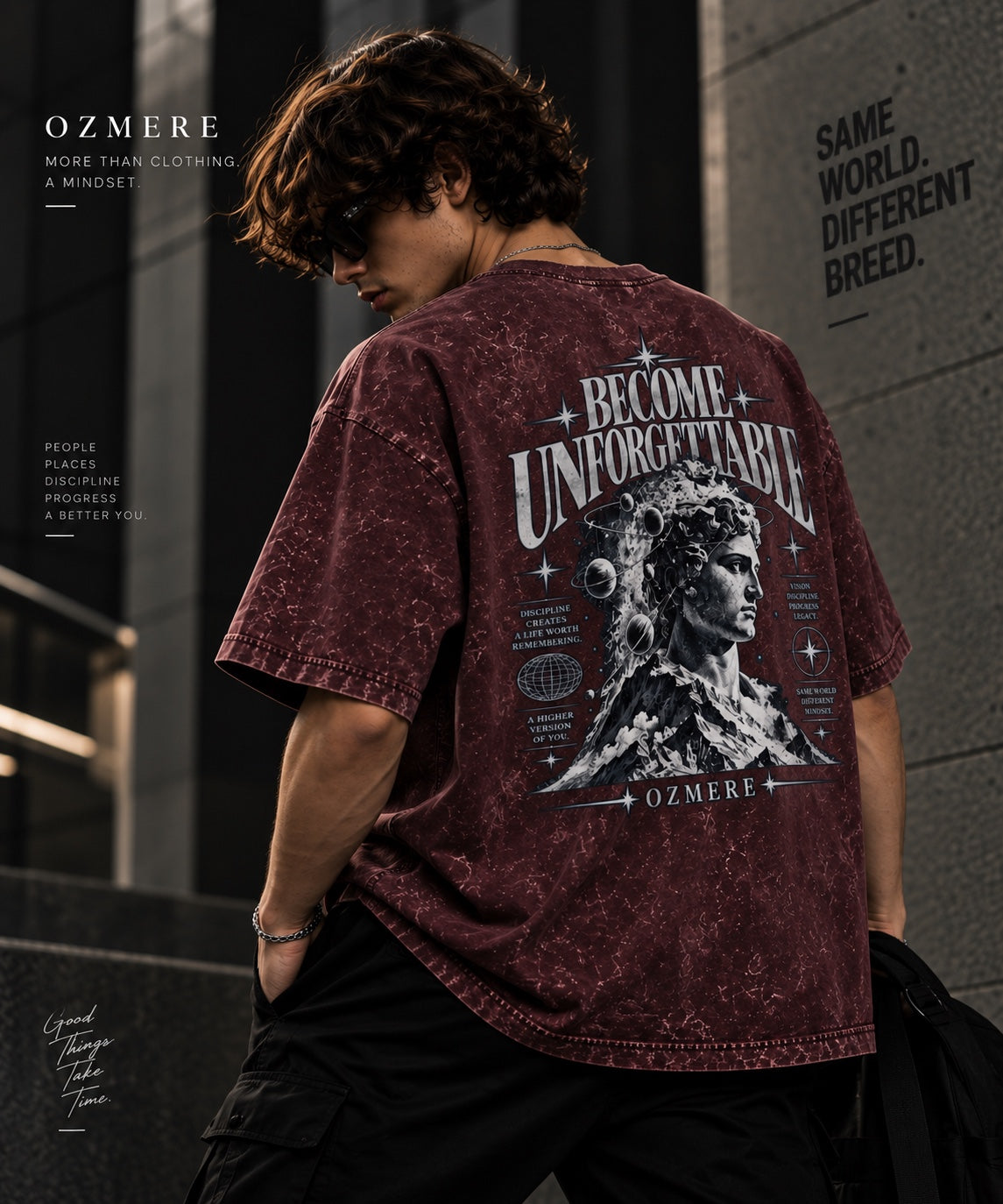 OZMERE Become Unforgettable Acid Wash — Maroon — Back Angled View