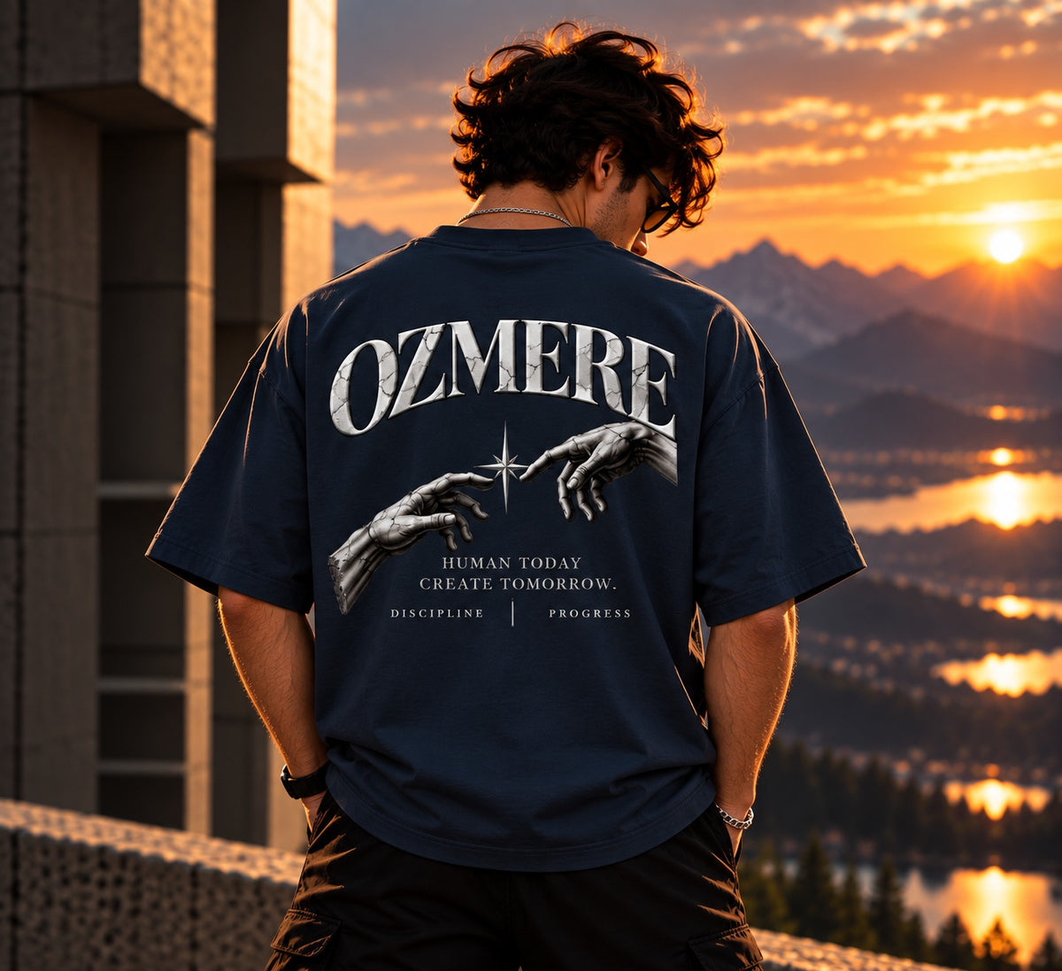 OZMERE Human Tomorrow — Graphic Tee — Navy Blue — Back View