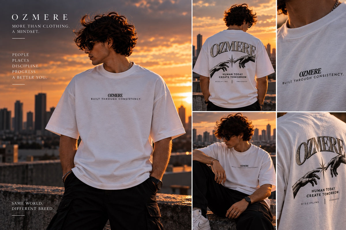 OZMERE Human Tomorrow — Graphic Tee — White — Lifestyle View