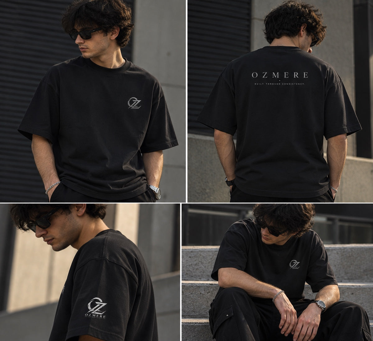 OZMERE Essential Tee — Dark Core — Black — Front, Back, Sleeve Detail and Lifestyle Views