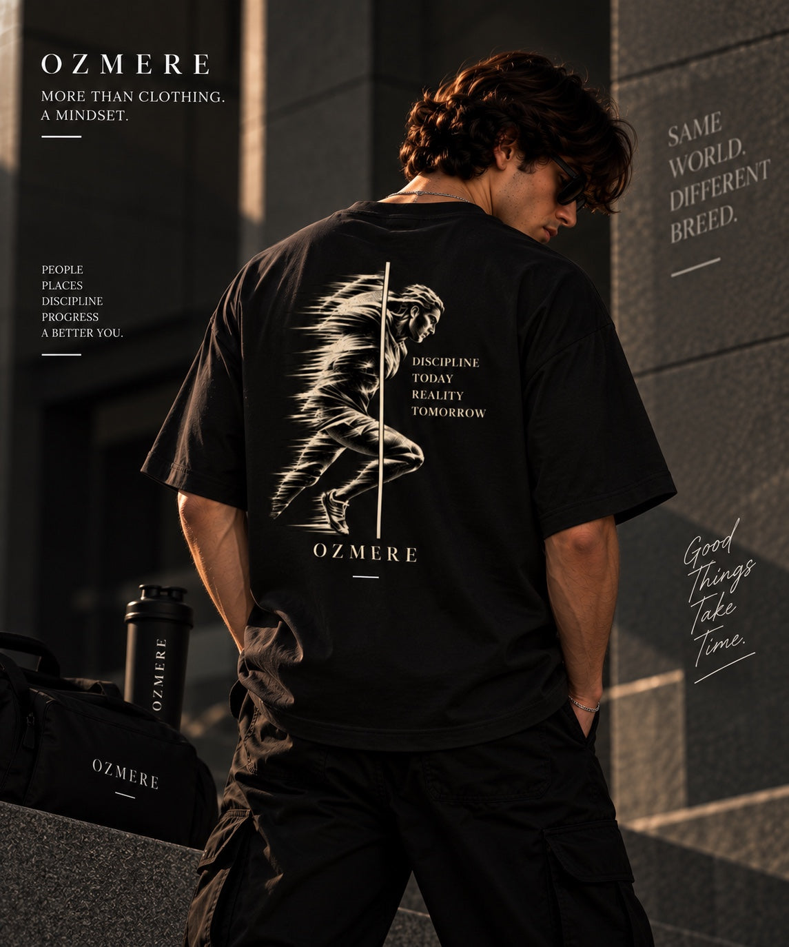 OZMERE Momentum — Terry Tee — Black — Angled View