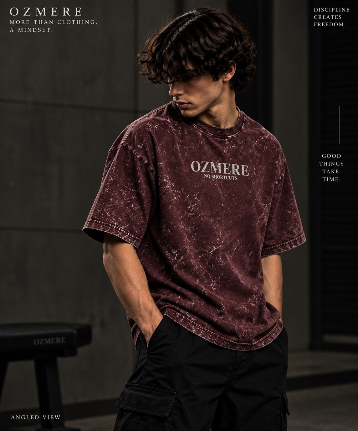 OZMERE No Shortcuts Acid Wash — Maroon — Angled View