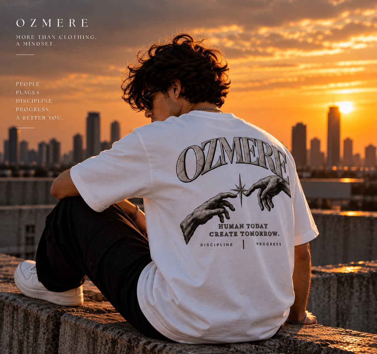OZMERE Human Tomorrow — Graphic Tee — White — Angled View