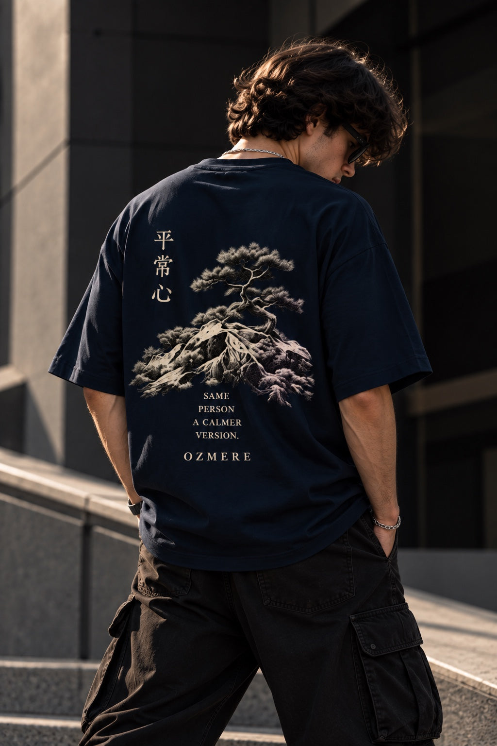 OZMERE At Ease — Terry Tee — Navy Blue — Angled View