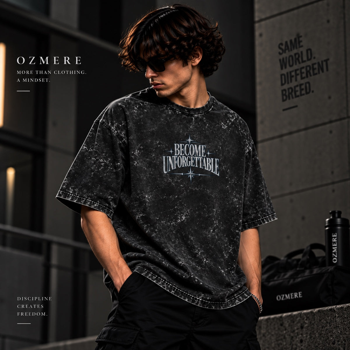 OZMERE Become Unforgettable Acid Wash — Black — Angled View