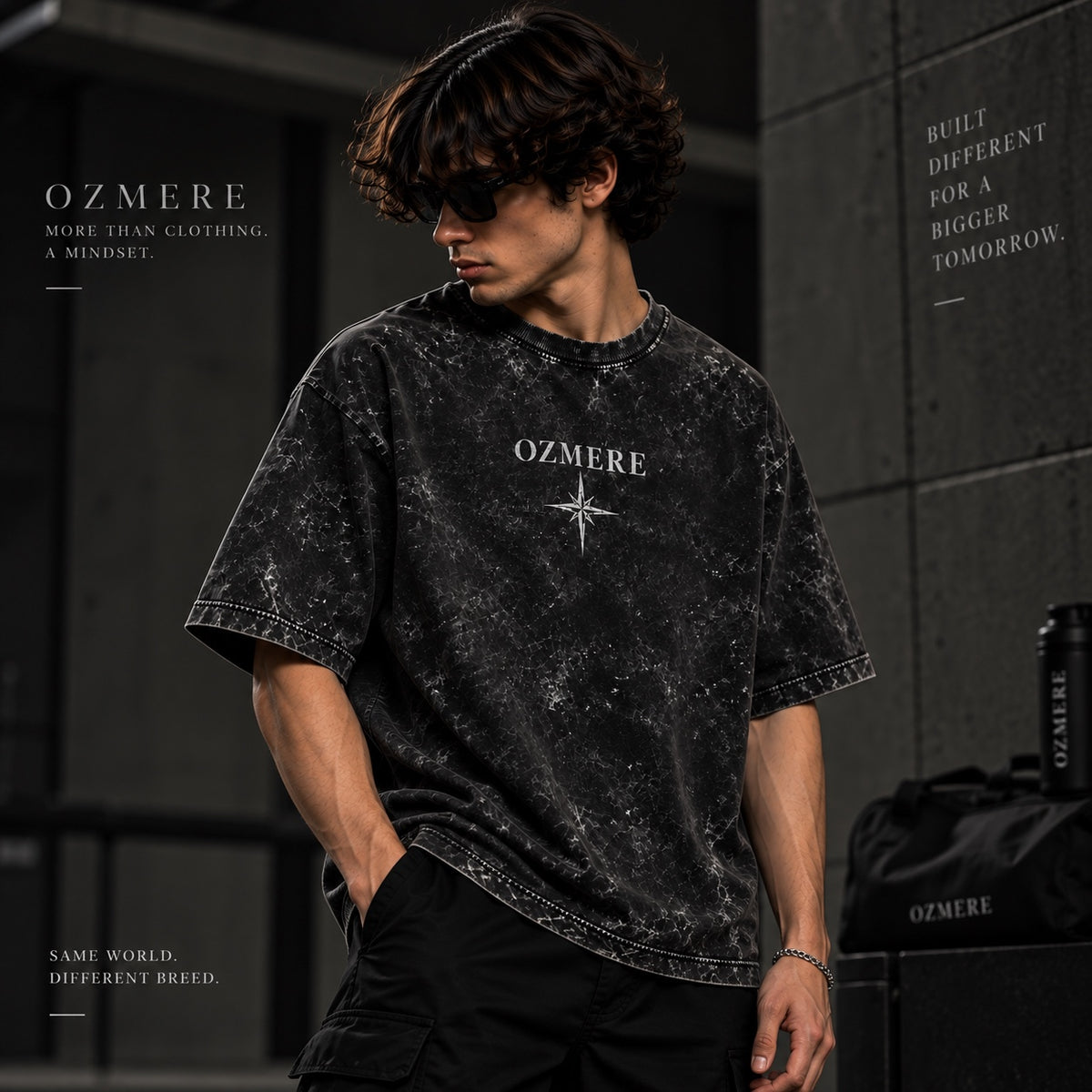 OZMERE Built Different Acid Wash — Black — Angled View