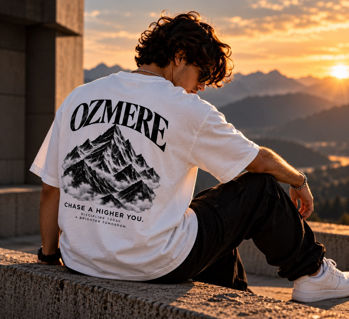 OZMERE Mountain Within — Graphic Tee — White — Angled View