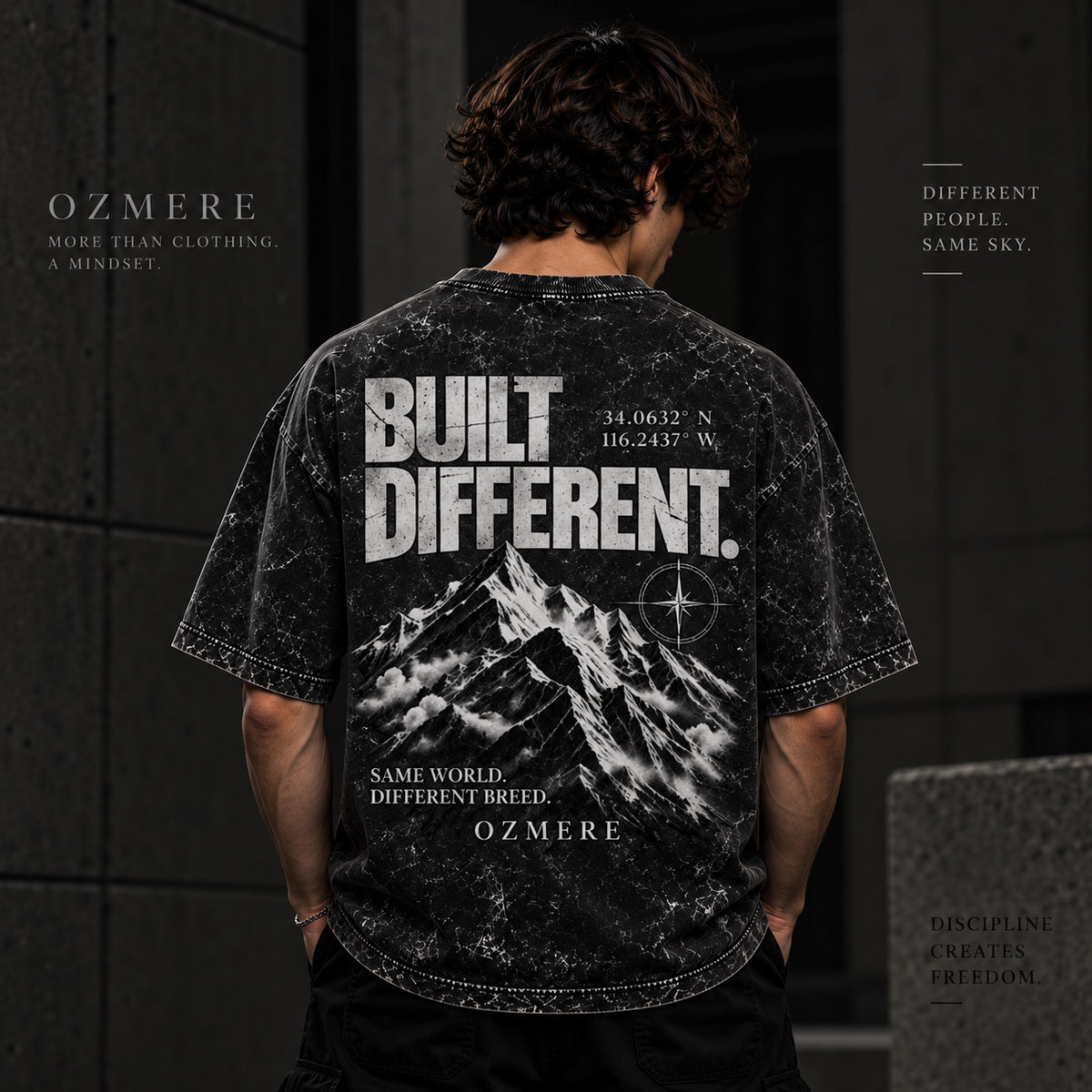 OZMERE Built Different Acid Wash — Black — Back View