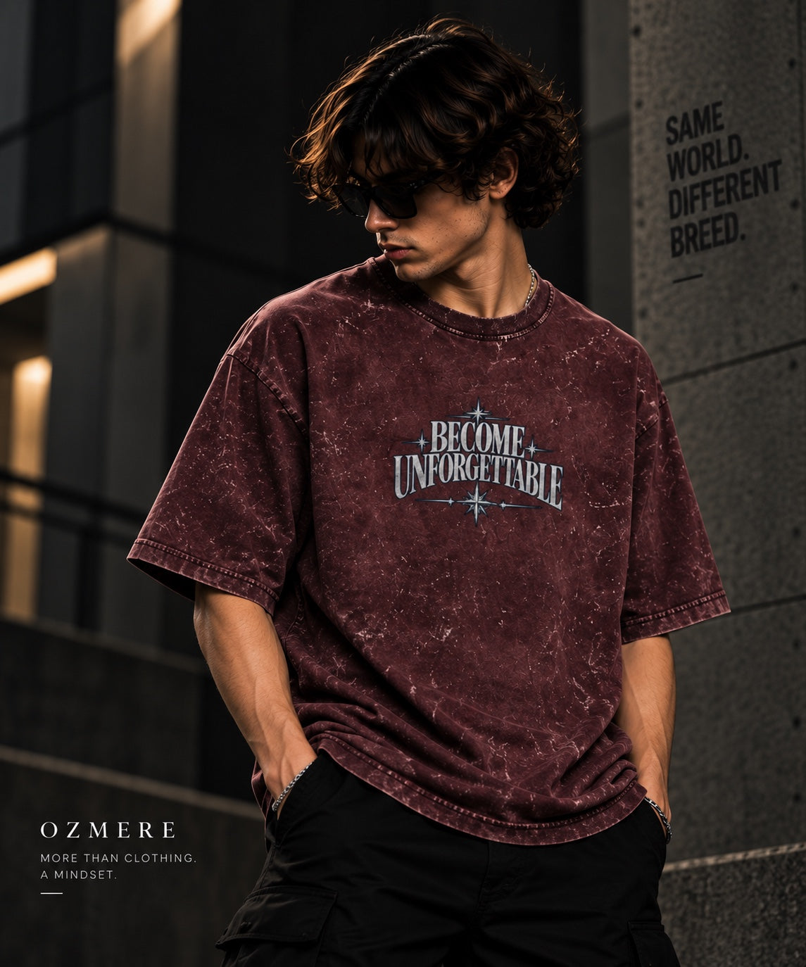OZMERE Become Unforgettable Acid Wash — Maroon — Front View