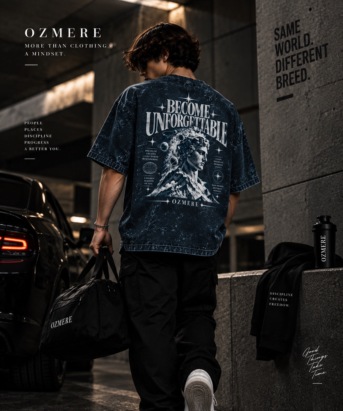 OZMERE Become Unforgettable Acid Wash — Navy Blue — Back Lifestyle View