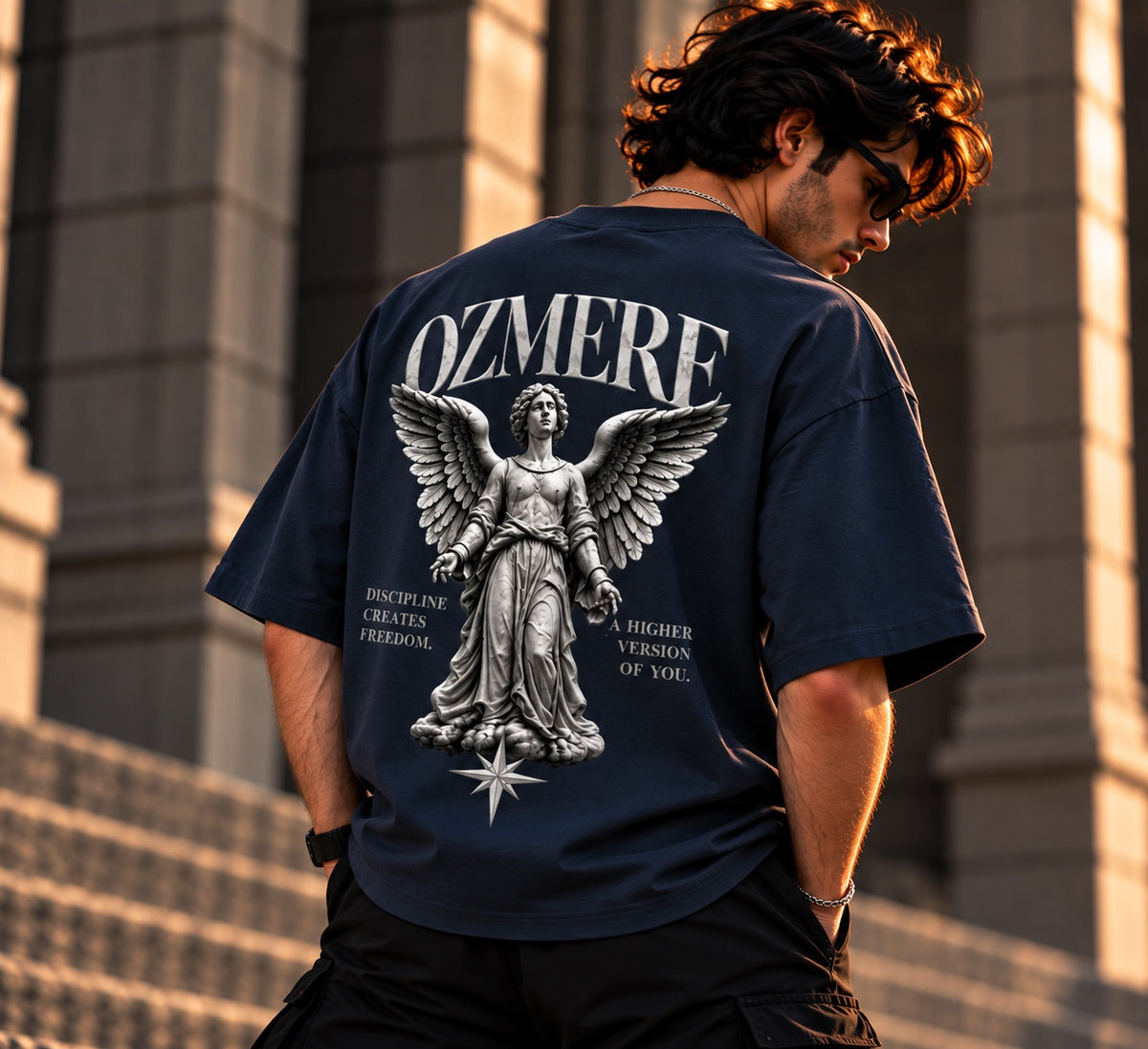 OZMERE Ascension — Graphic Tee — Navy Blue — Angled View