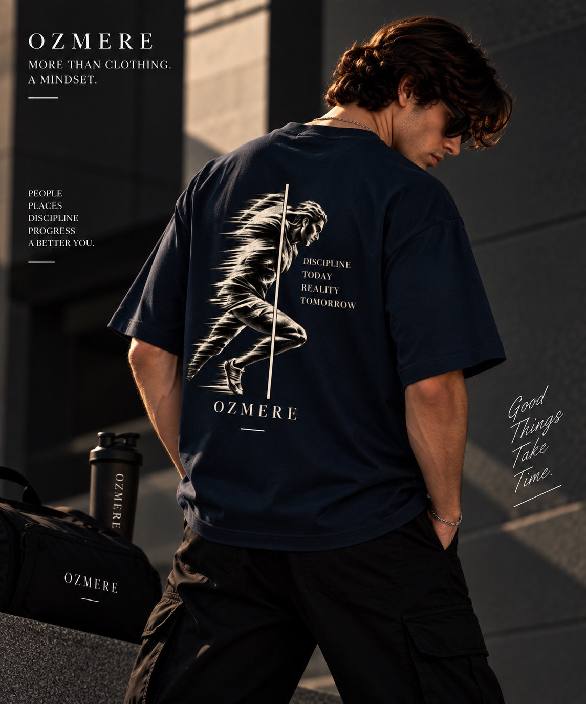 OZMERE Momentum — Terry Tee — Navy Blue — Angled View